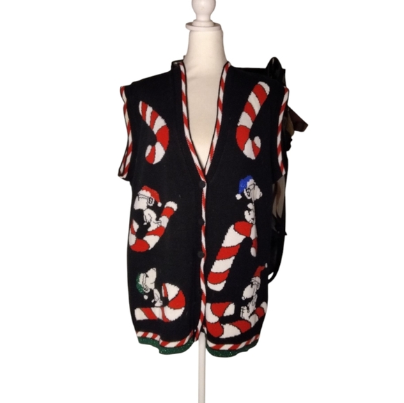 Vintage Snoopy & Friends Candy Cane Knit Button Up Vest Size Medium 20W - Picture 1 of 7